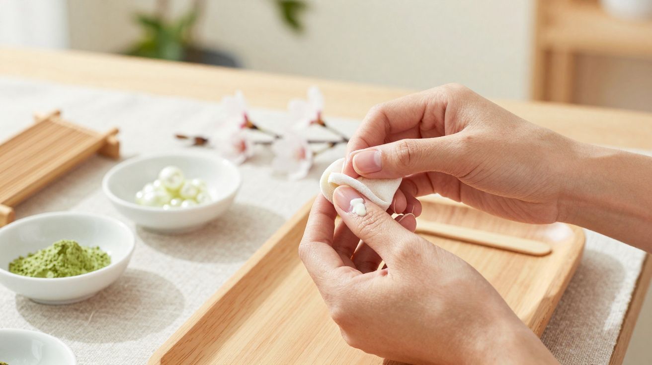 Mãos a preparar tratamento de beleza com algodão e creme, com tigelas de pérolas e pó verde ao fundo.