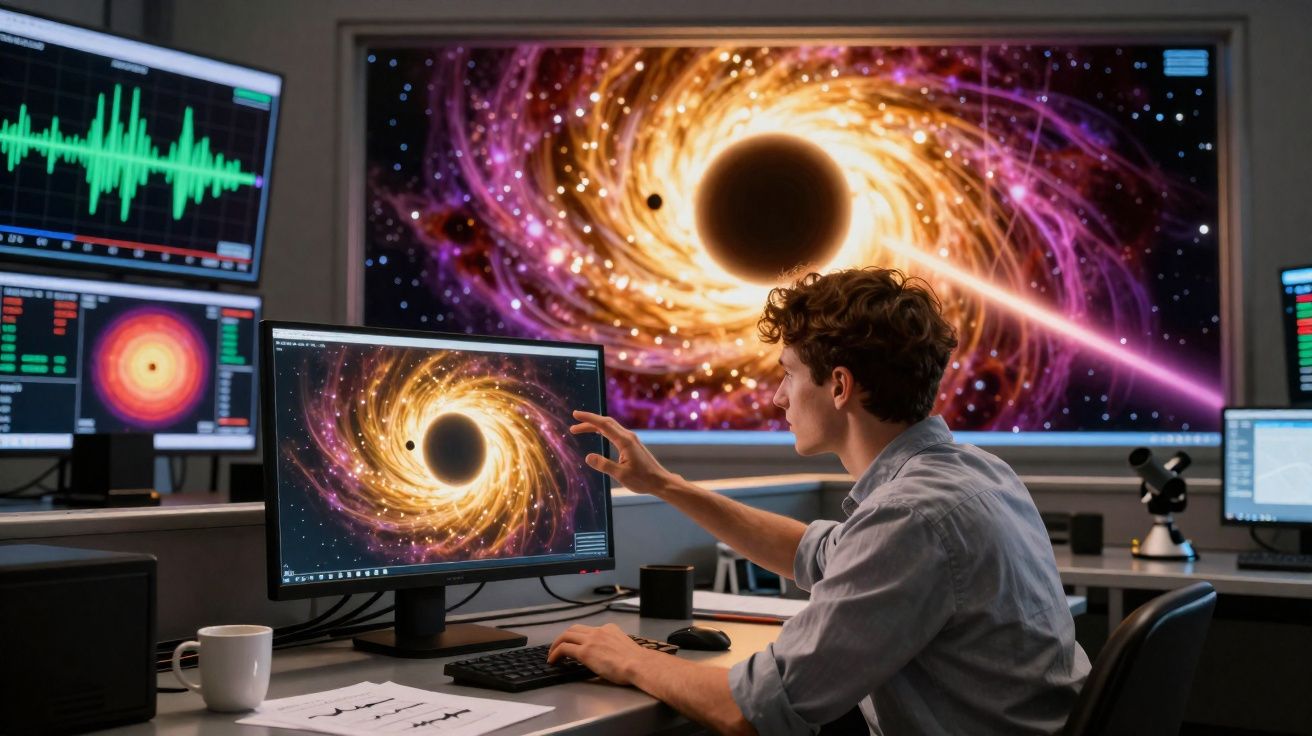 Homem a analisar imagens de buracos negros em vários ecrãs num laboratório científico.