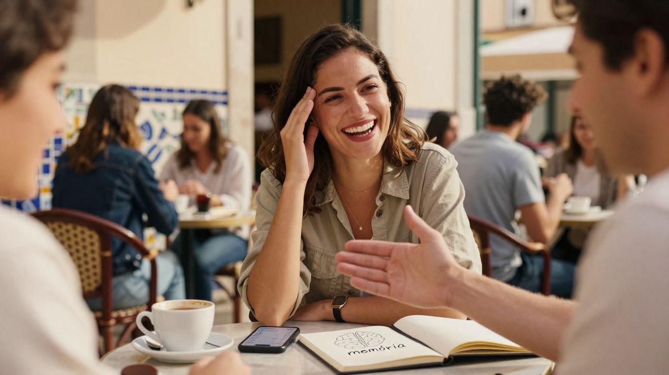 Pessoas a conversar alegremente numa esplanada com café, caderno e smartphone sobre a mesa.