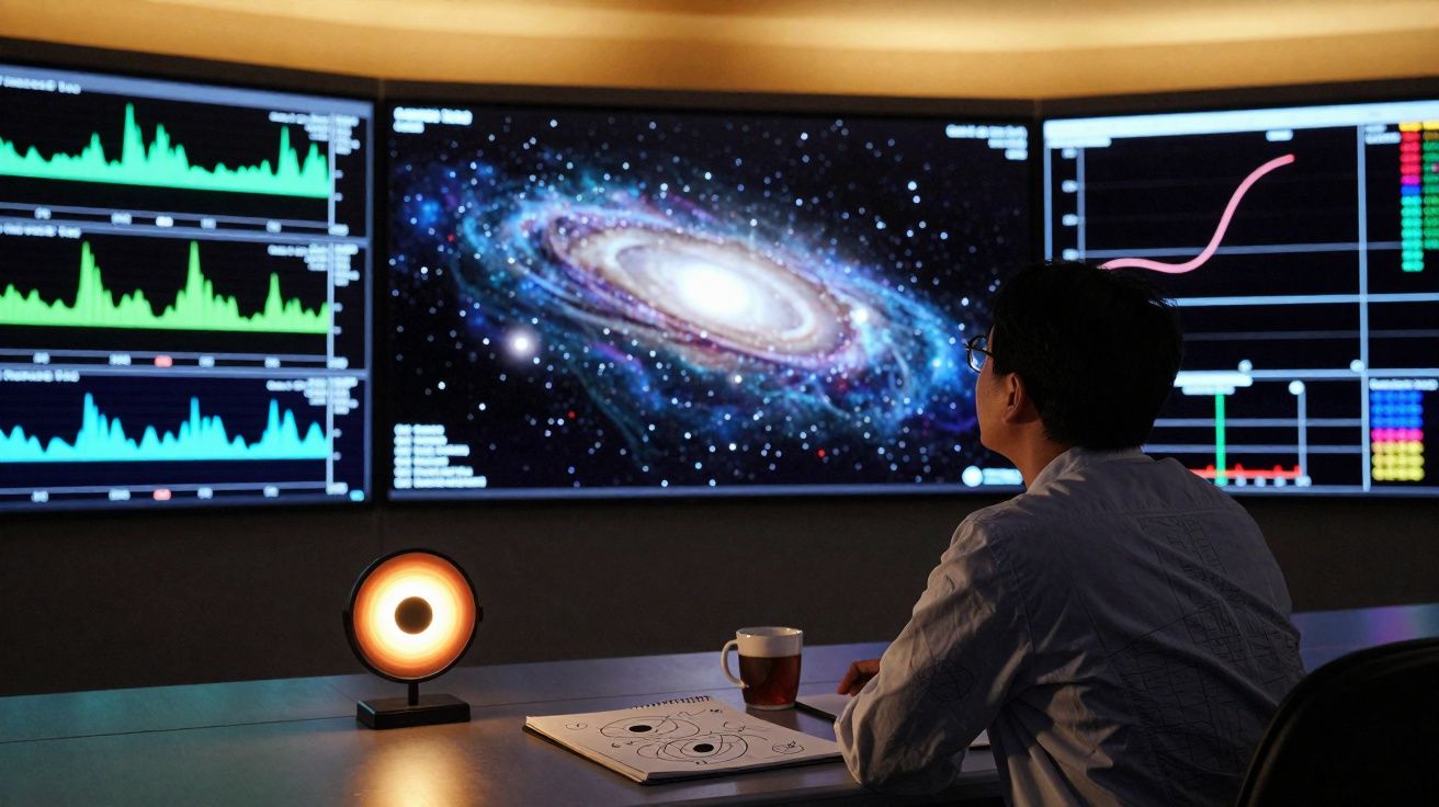 Pessoa sentada diante de vários ecrãs com gráficos e imagem de galáxia, numa sala escura.