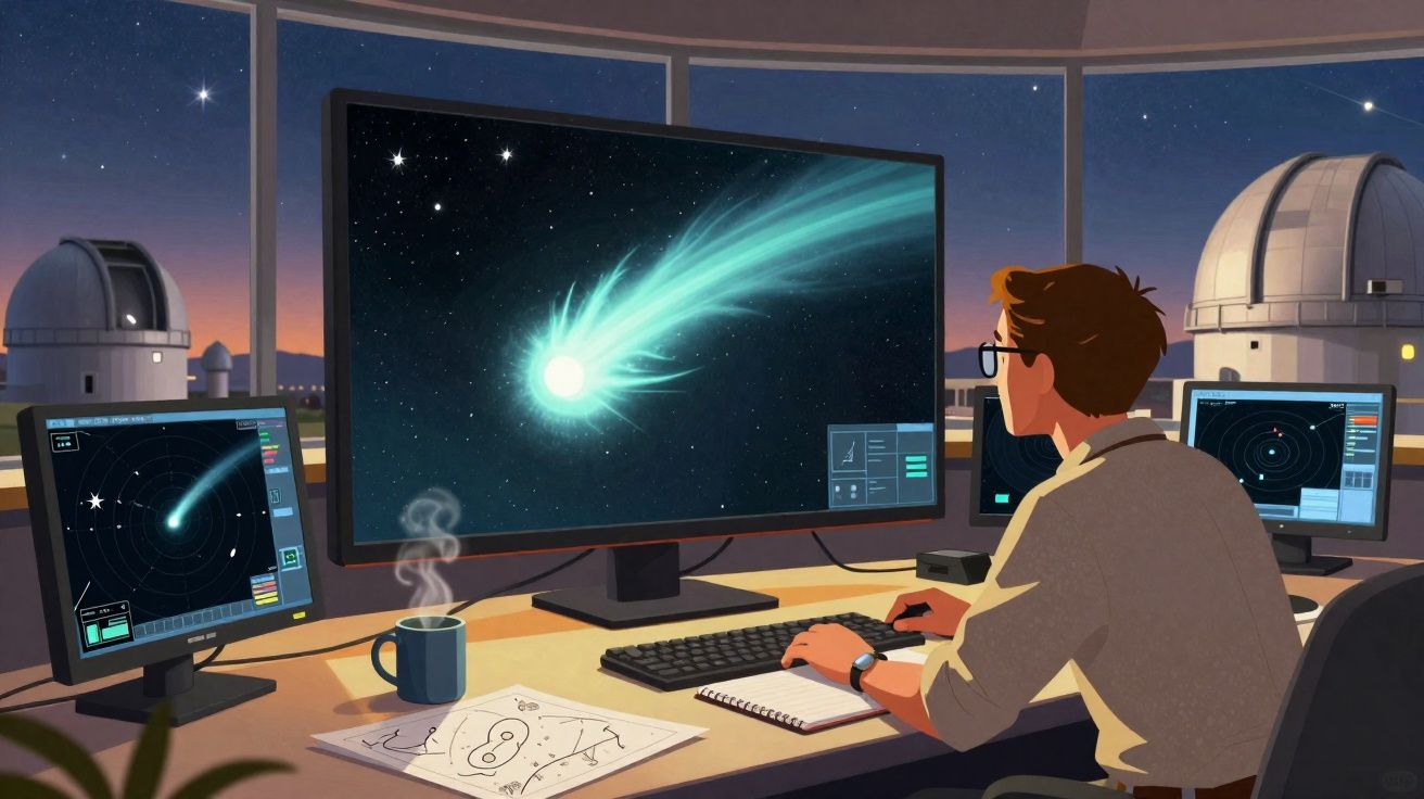 Astrónomo em laboratório observa na tela uma grande cometa verde e branca no espaço durante a noite.