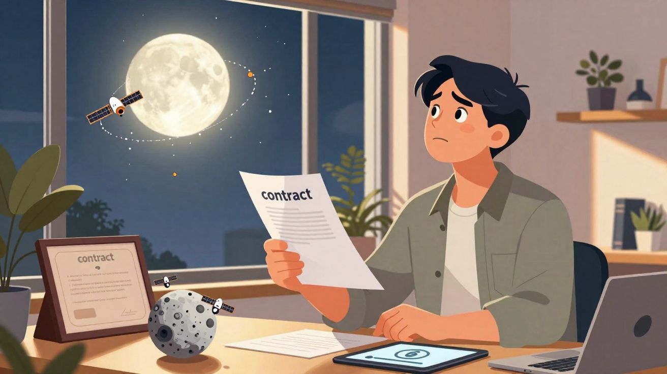 Homem preocupado a ler contrato numa mesa com modelos de satélites e um céu noturno com lua cheia na janela.
