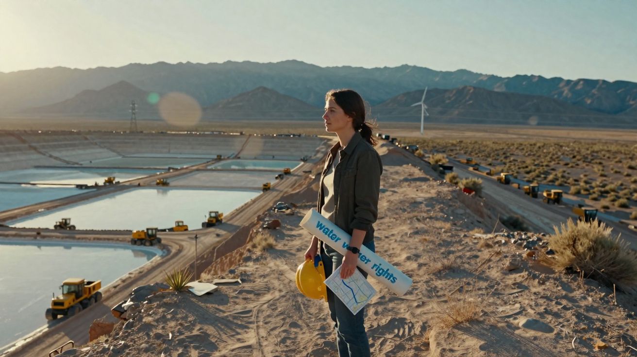Mulher com capacete e planos, em canteiro de obra de reservatórios de água, com montanhas ao fundo ao pôr do sol.