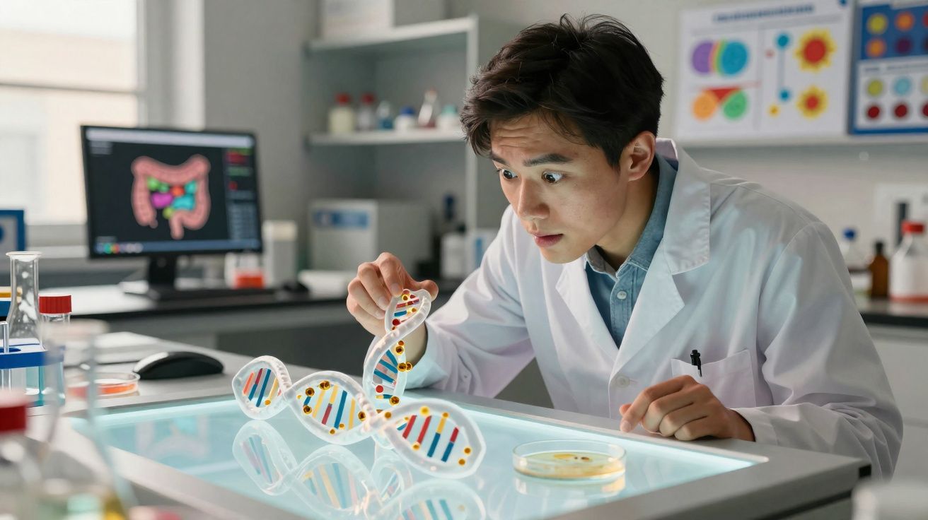 Cientista em laboratório observa com atenção modelo tridimensional de dupla hélice de ADN sobre mesa iluminada.