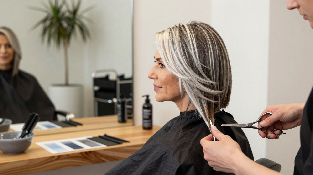 Mulher com cabelo loiro sendo cortada por cabeleireiro num salão de beleza moderno.