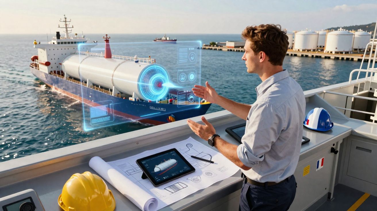 Homem a analisar projeção digital de navio tanque no porto com capacetes e plantas na mesa.