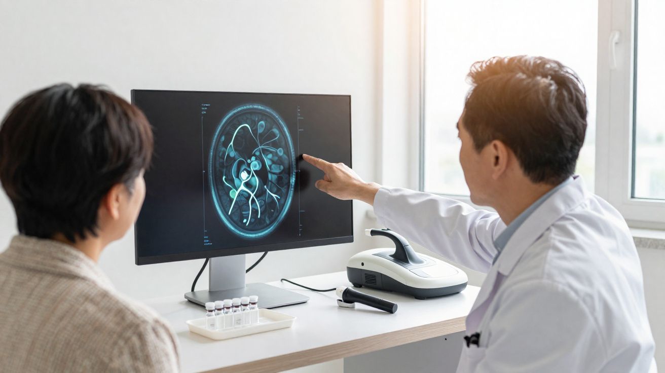 Médico a explicar a uma paciente uma imagem de diagnóstico renal num ecrã de computador num consultório.