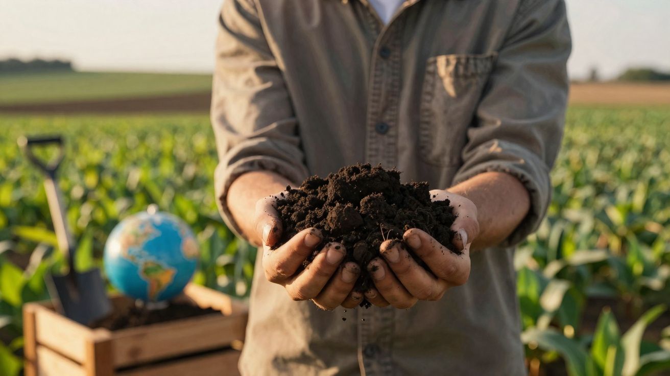 Pessoa segurando terra fértil com campo de cultivo ao fundo e globo terrestre desfocado.