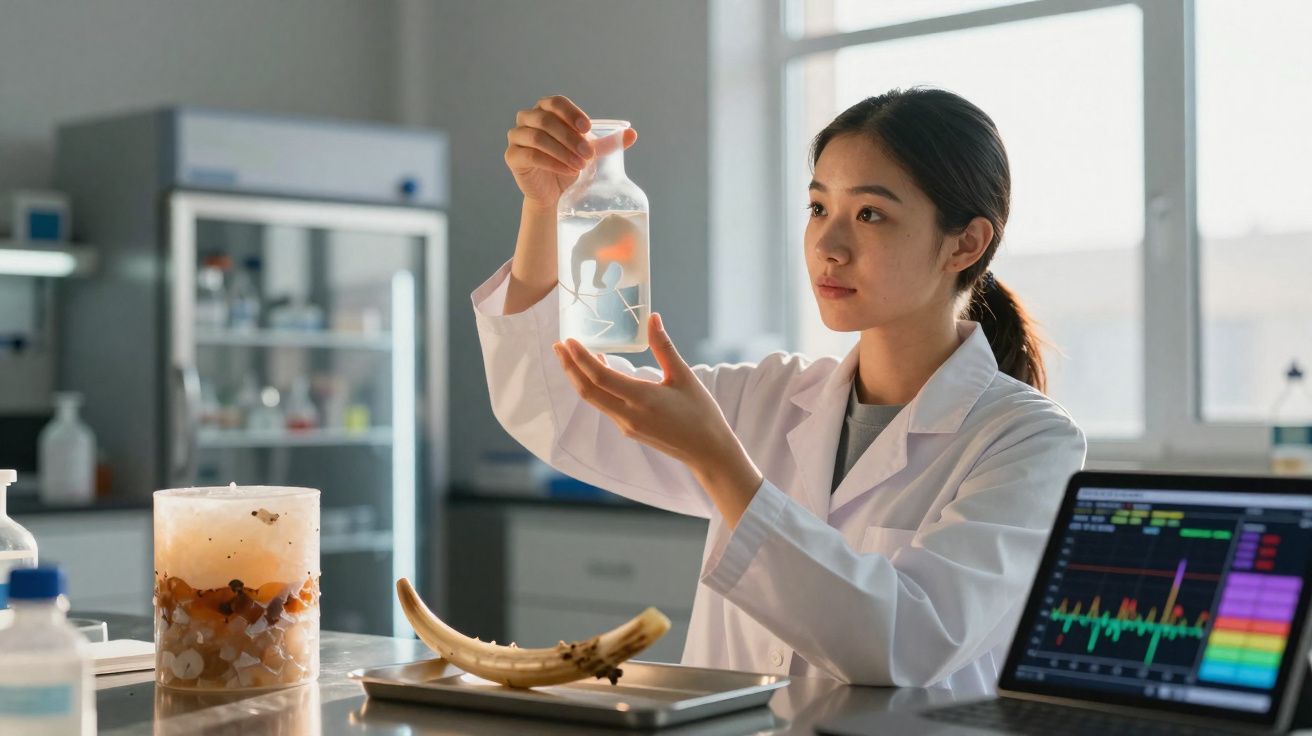 Mulher cientista em bata branca examina frasco com amostra num laboratório moderno iluminado.