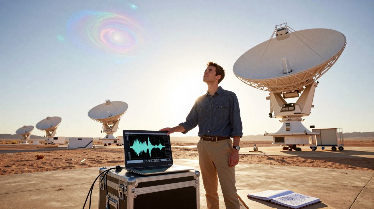 Homem observa antenas parabólicas sob céu claro com imagem de galáxia holográfica no horizonte.