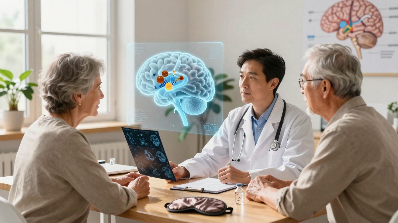 Médico a explicar diagnóstico cerebral a casal idoso numa consulta com recurso a imagem holográfica.