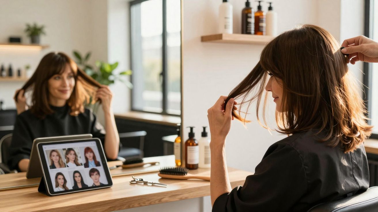 Mulher numa cadeira de cabeleireiro observando diferentes cortes de cabelo num tablet à sua frente.