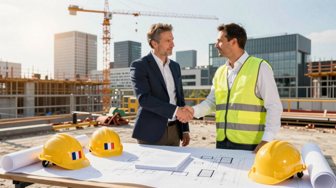 Dois homens a cumprimentar-se numa obra com capacetes e plantas numa mesa em primeiro plano.