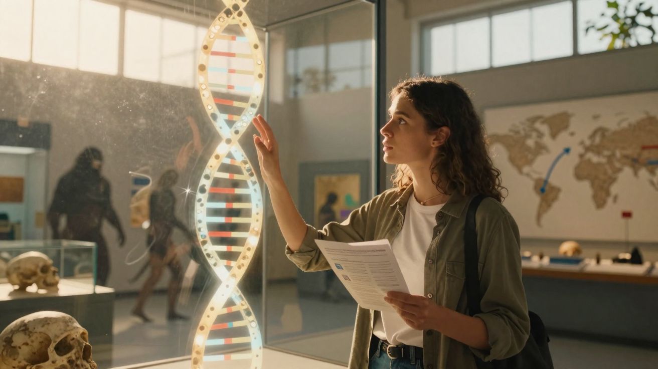 Mulher jovem em museu a analisar modelo luminoso de dupla hélice do ADN com documentos na mão.