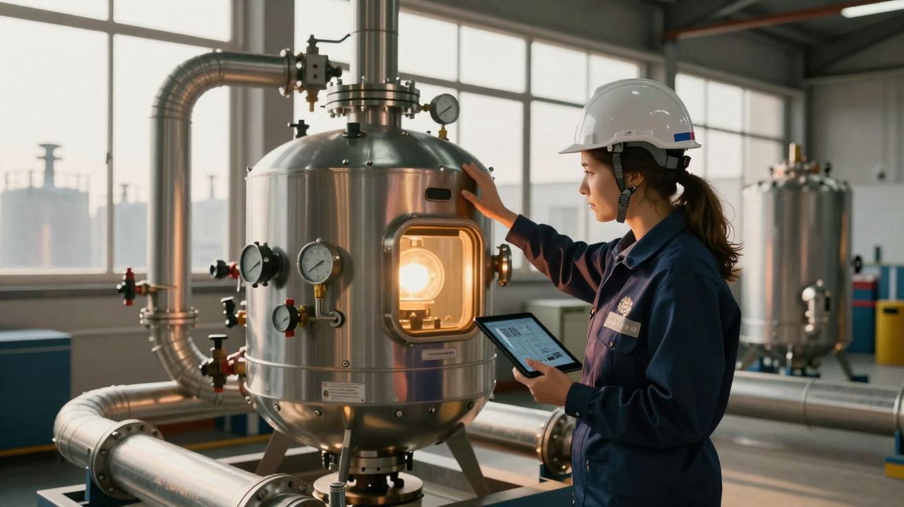 Mulher de capacete e fato de trabalho verifica equipamento industrial metálico com tablet numa fábrica.