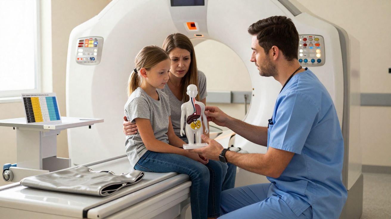 Médico mostra modelo de órgãos internos a menina e sua mãe ao lado de máquina de ressonância magnética.