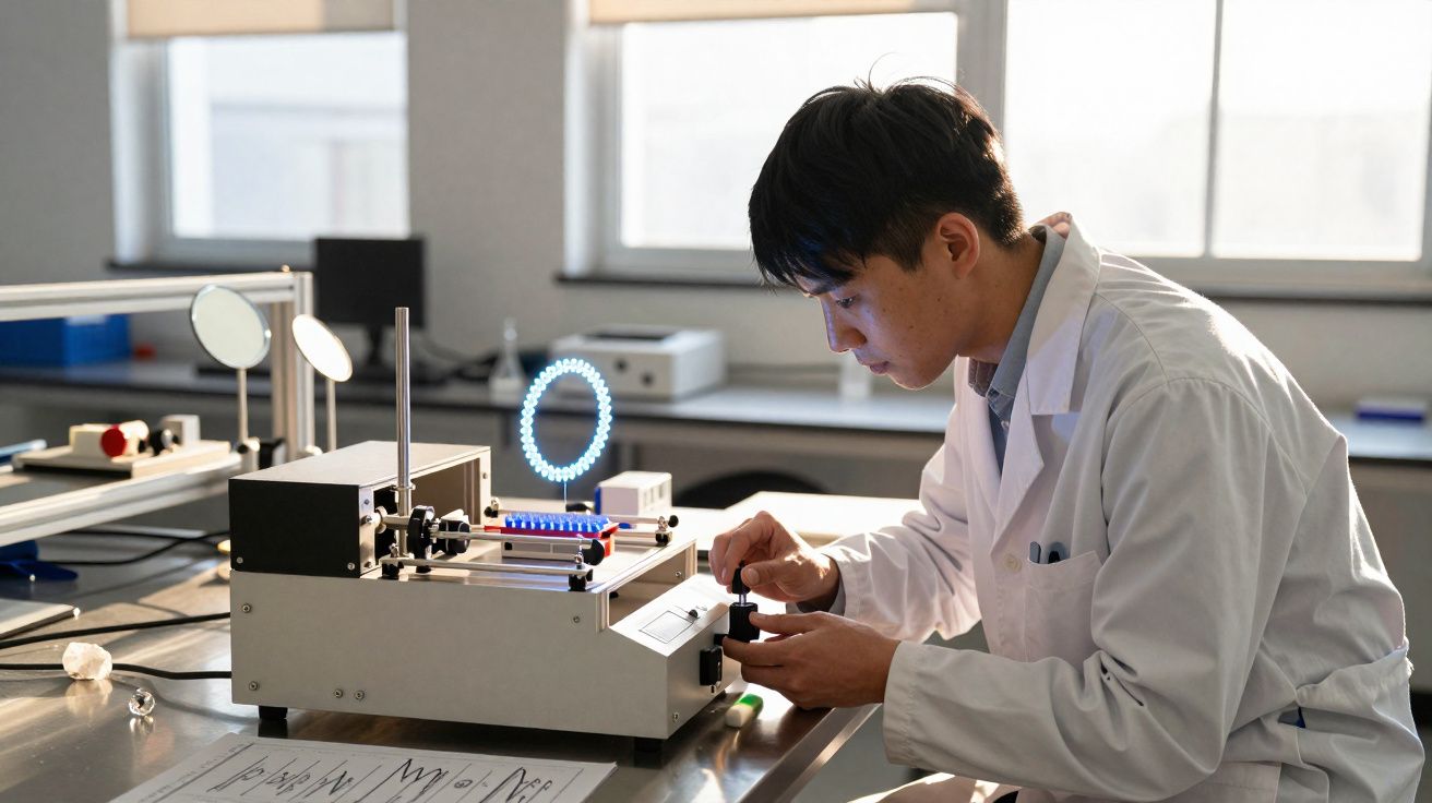 Homem jovem em bata branca a operar equipamento científico numa bancada de laboratório iluminado.
