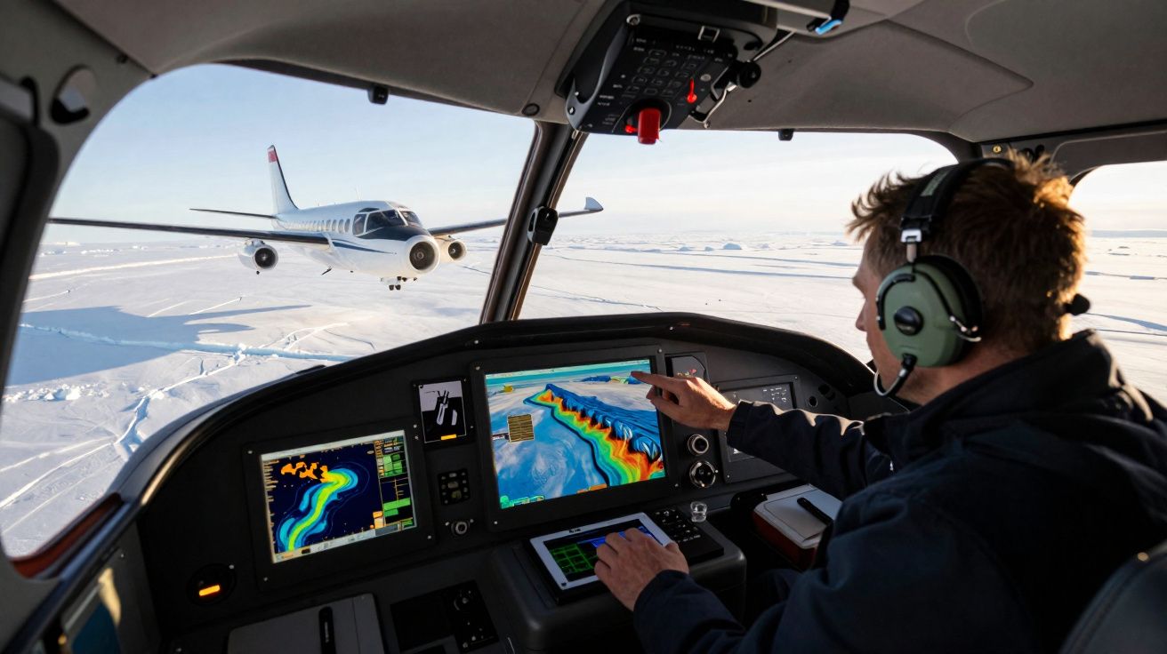 Piloto utilizando equipamentos tecnológicos no interior da cabine de um avião durante sobrevoo em região nevada.
