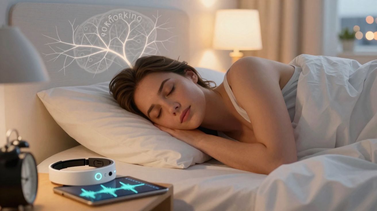 Mulher a dormir na cama com dispositivos tecnológicos a monitorizar o sono ao lado.