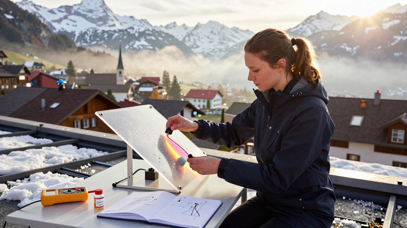 Mulher realiza experiência científica com prisma ao ar livre, em local com neve e montanhas ao fundo.