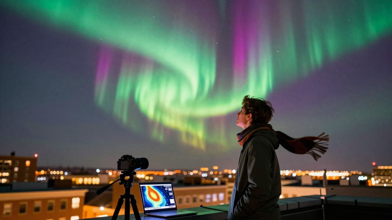 Pessoa numa cobertura à noite a observar aurora boreal com câmara e computador portátil.
