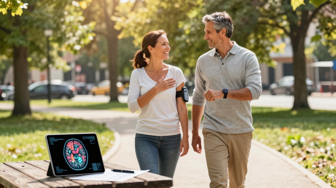 Casal a caminhar em parque com tablet num banco mostrando imagem colorida do cérebro e folhas ao lado.