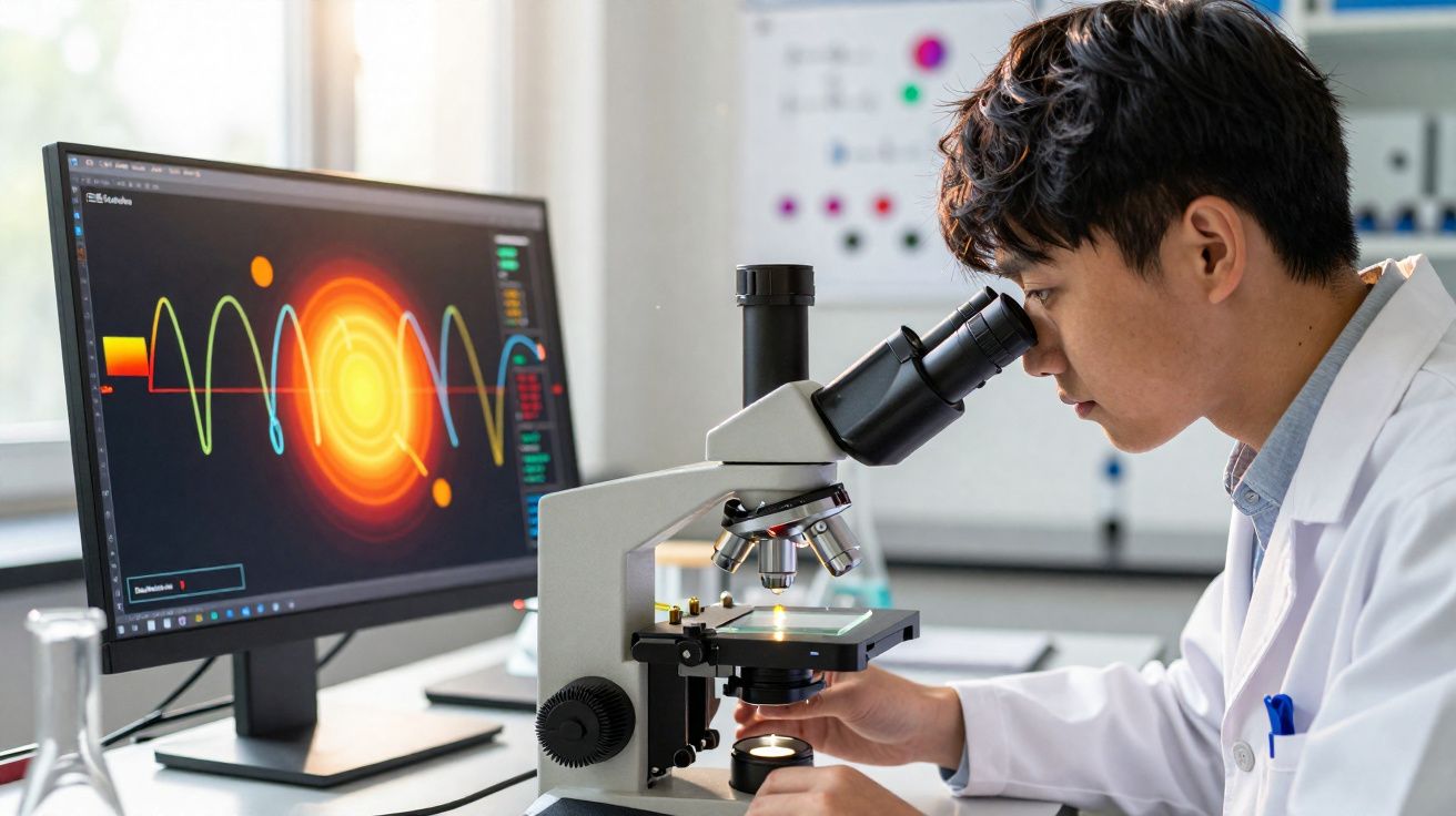 Cientista jovem a usar microscópio em laboratório com monitor a exibir ondas e dados científicos.