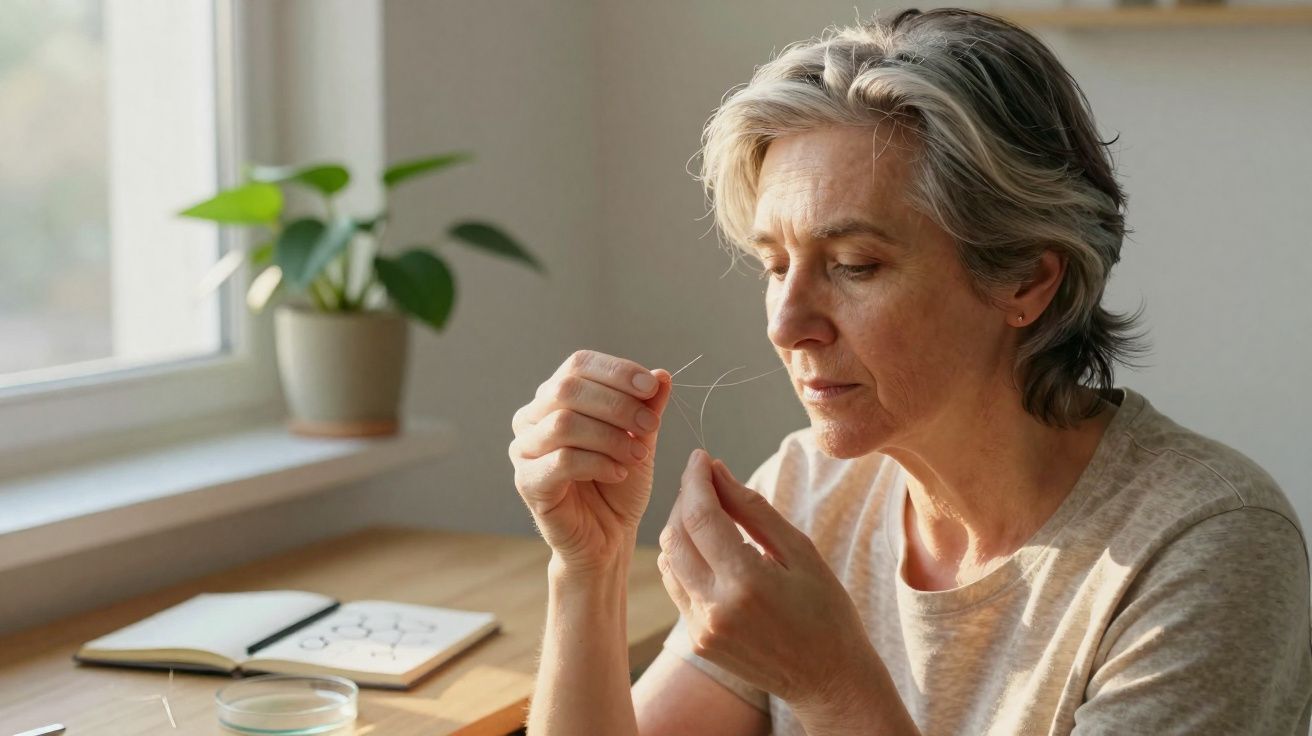 Mulher madura a enfear uma agulha junto a uma mesa com um caderno e uma planta.