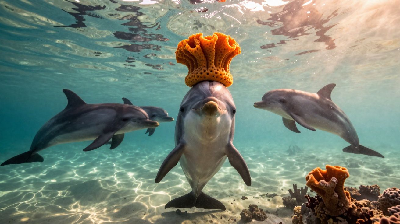 Golfinhos nadando em águas claras, um com um coral laranja na cabeça, perto de recifes marinhos.