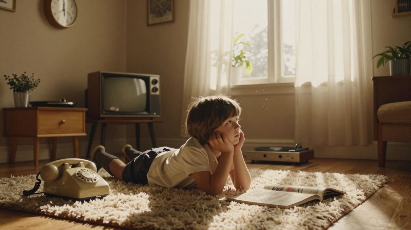 Criança deitada num tapete a olhar para o lado, com livro aberto, telefone antigo e televisão vintage numa sala iluminada.