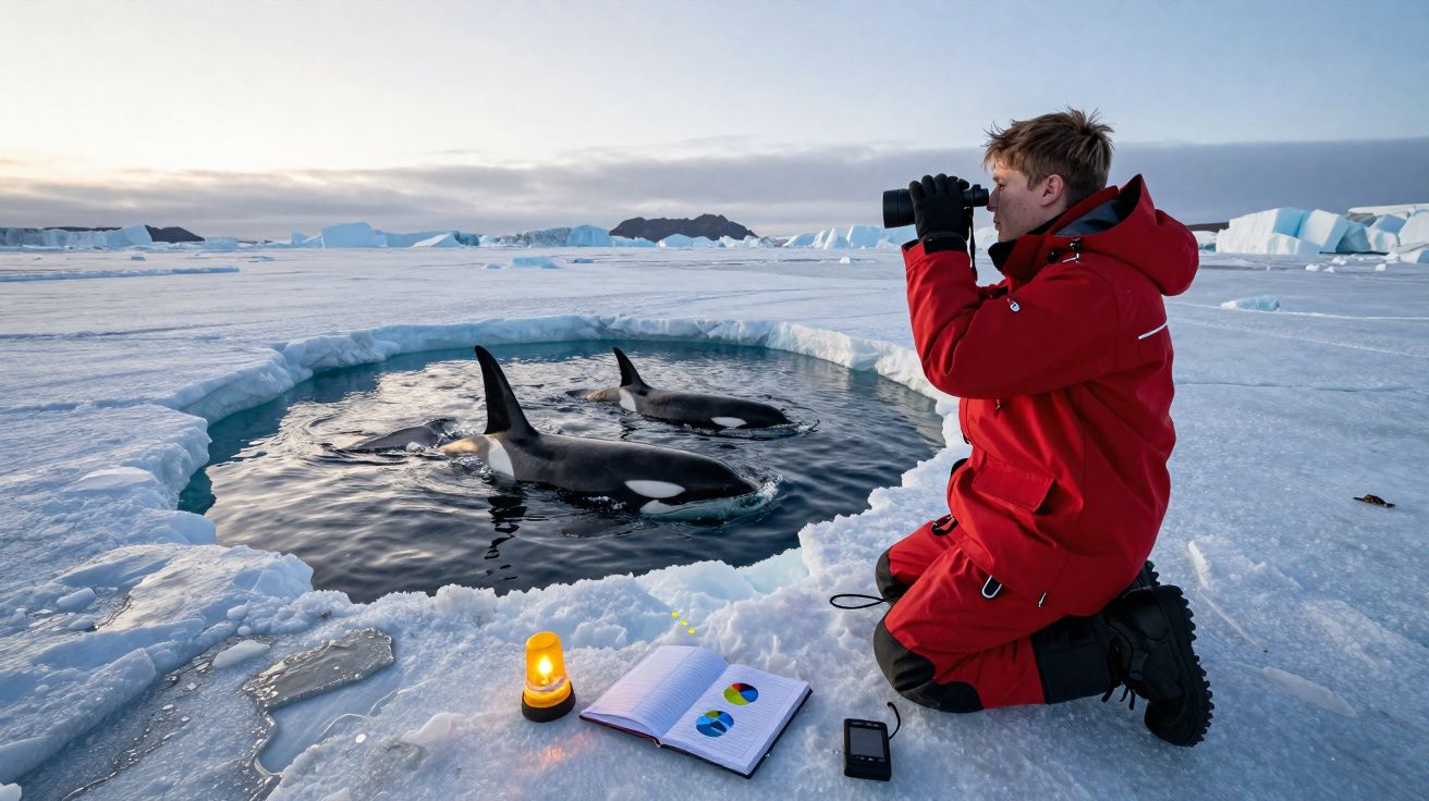 Investigador em roupa vermelha observa orcas na água gelada através de binóculos, rodeado por gelo e caderno aberto.