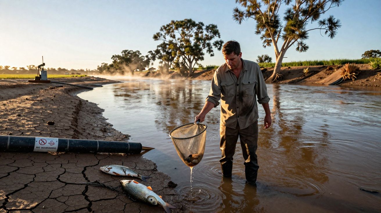 Homem apanha peixes num rio raso em terra rachada ao amanhecer com árvores ao fundo.
