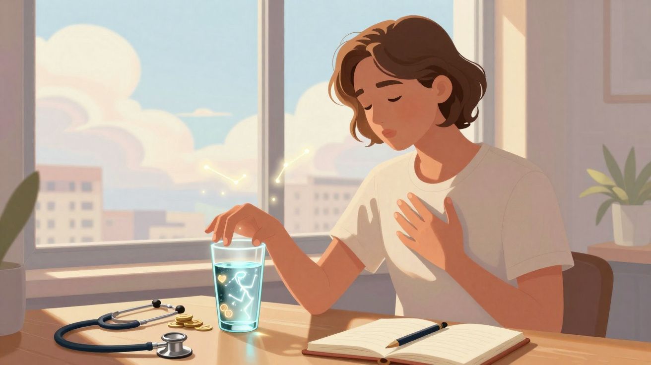 Pessoa a beber água com símbolos brilhantes num copo, com estetoscópio e caderno numa mesa.