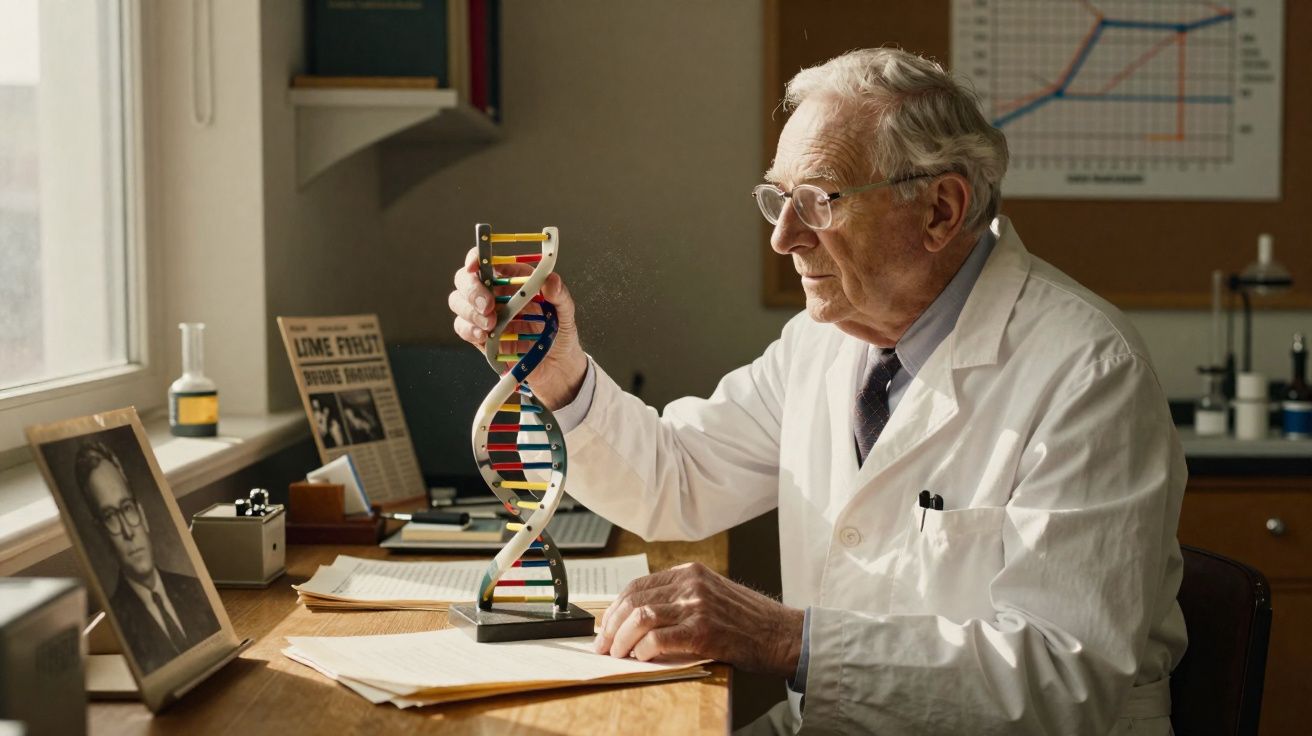 Cientista idoso com bata branca a estudar modelo de DNA colorido num laboratório clássico iluminado pela janela.