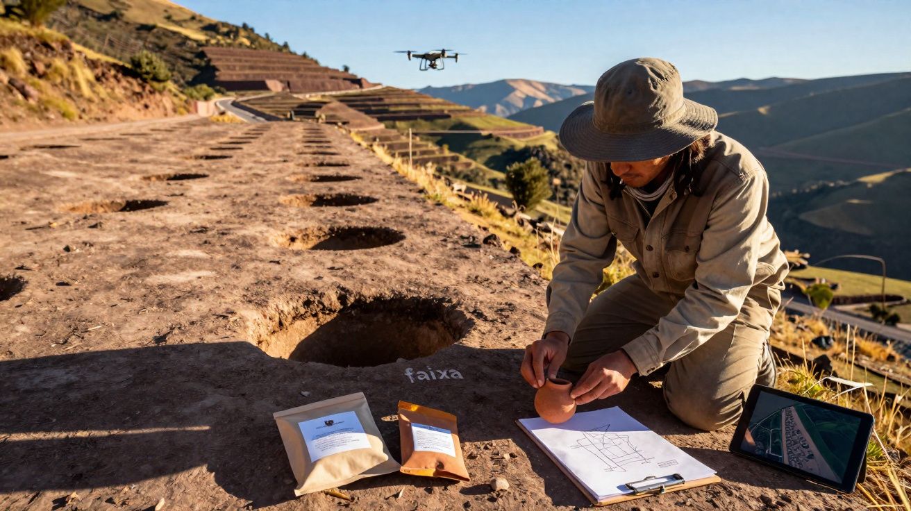 Homem em campo arqueológico com drone a sobrevoar, analisando objetos e mapas ao pôr do sol.