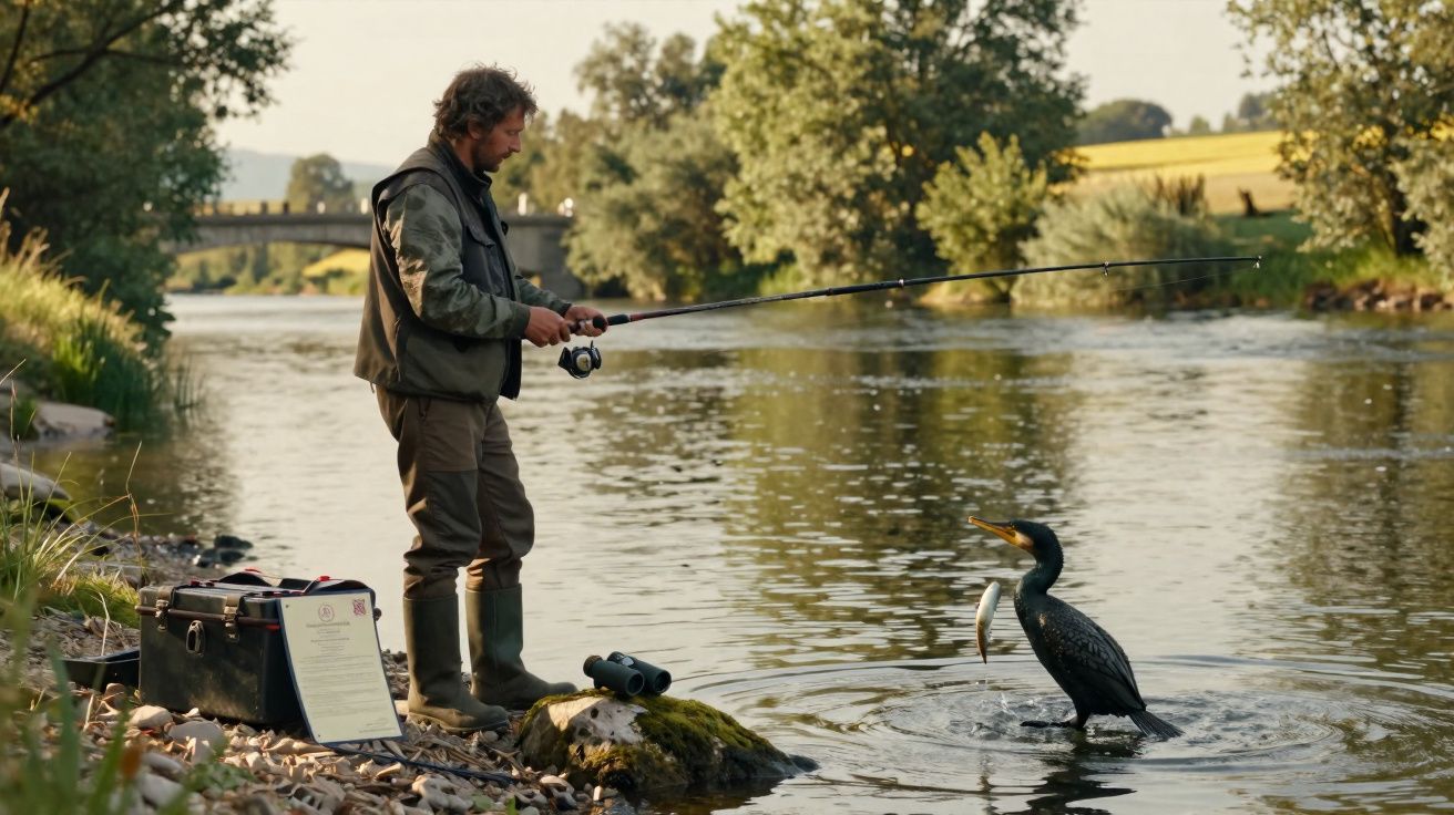 Homem a pescar numa margem de rio observa uma ave aquática com um peixe na boca.