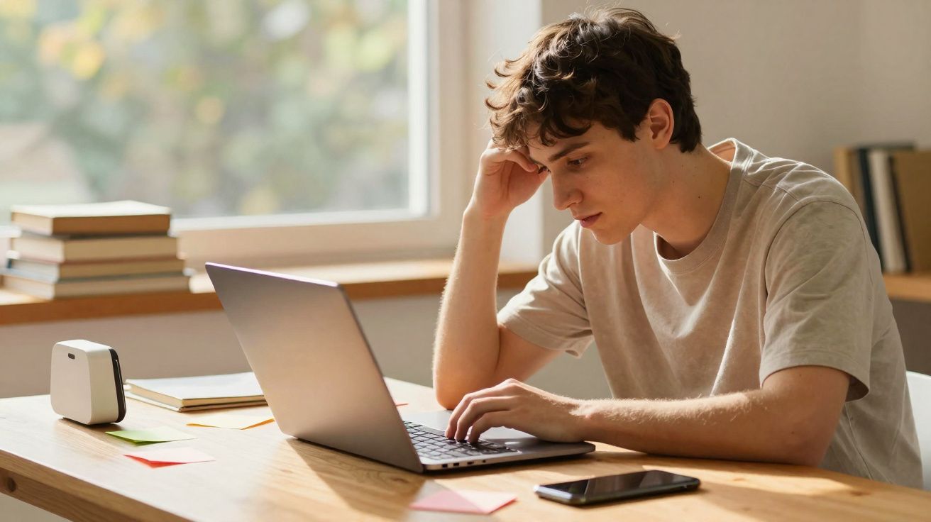Jovem concentrado a trabalhar no computador portátil numa mesa com telemóvel e livros junto a uma janela.