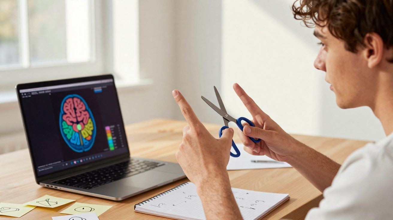 Homem sentado à secretária usa uma tesoura enquanto observa imagem colorida de cérebro no ecrã do portátil.