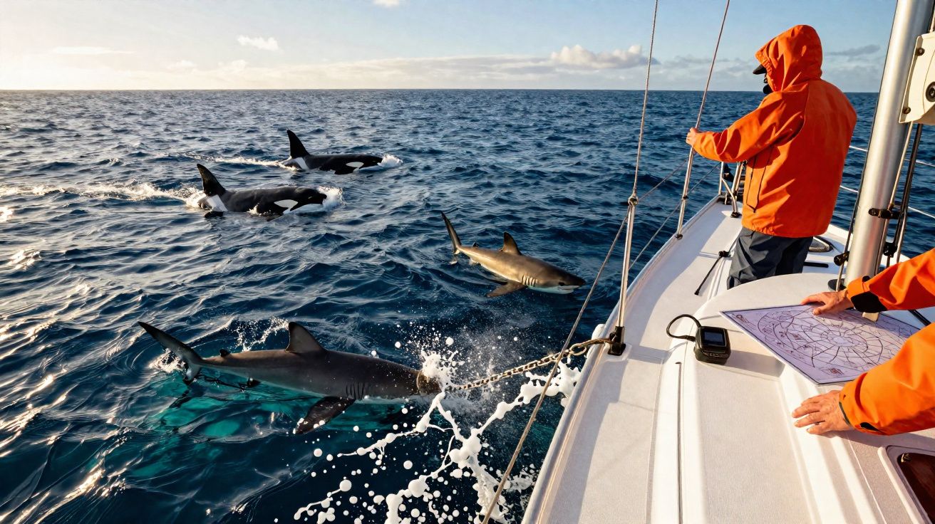 Homens de impermeáveis laranja observam tubarões e orcas perto de veleiro em mar aberto ao entardecer.