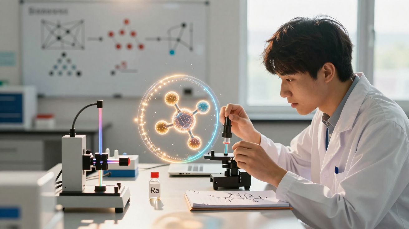 Cientista jovem analisa modelo molecular iluminado numa sala de laboratório moderno.