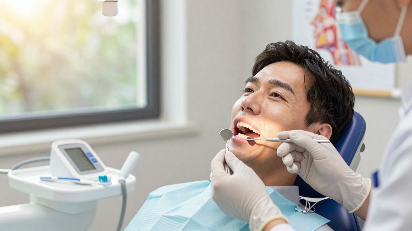 Homem asiático na cadeira do dentista a ser examinado com instrumentos dentários.