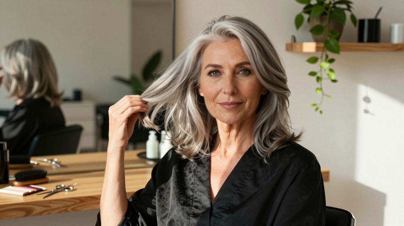 Mulher madura com cabelo grisalho solto, usando robe preto, sentada num salão de cabeleireiro moderno.