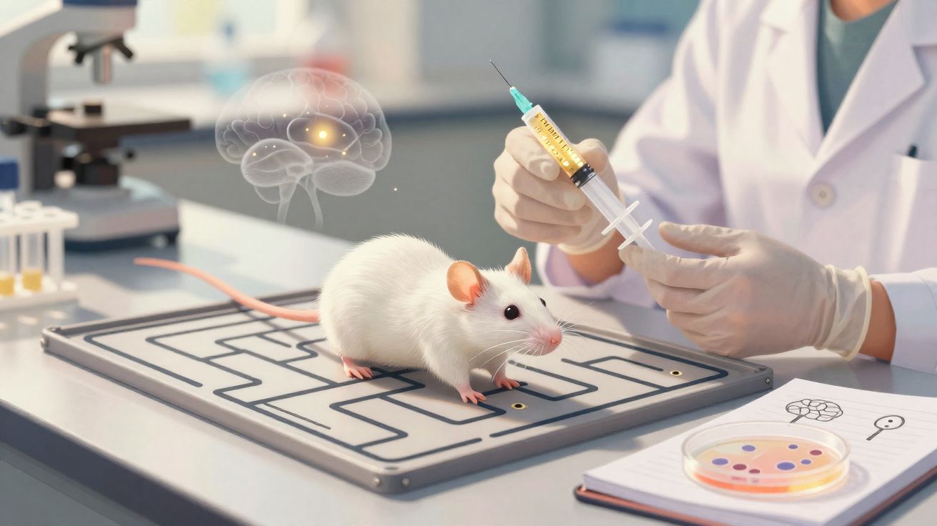 Rato branco num laboratório com investigador a preparar uma seringa para experiência científica.