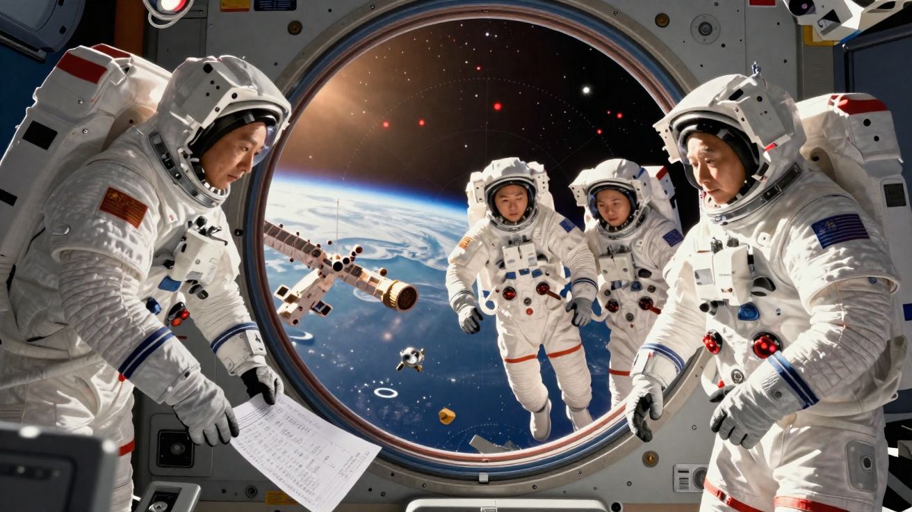 Astronautas em fatos espaciais dentro de uma estação espacial com vista para a Terra e satélites no espaço.