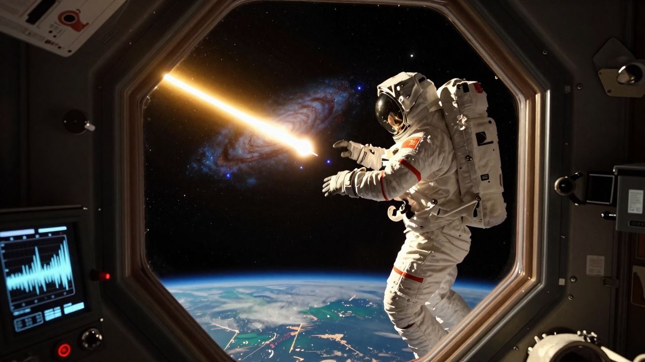 Astronauta no espaço observa um meteorito em órbita com a Terra e uma galáxia ao fundo.