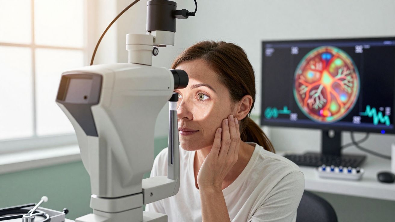 Mulher a realizar exame oftalmológico com equipamento especializado numa clínica, e imagem de retina no monitor.