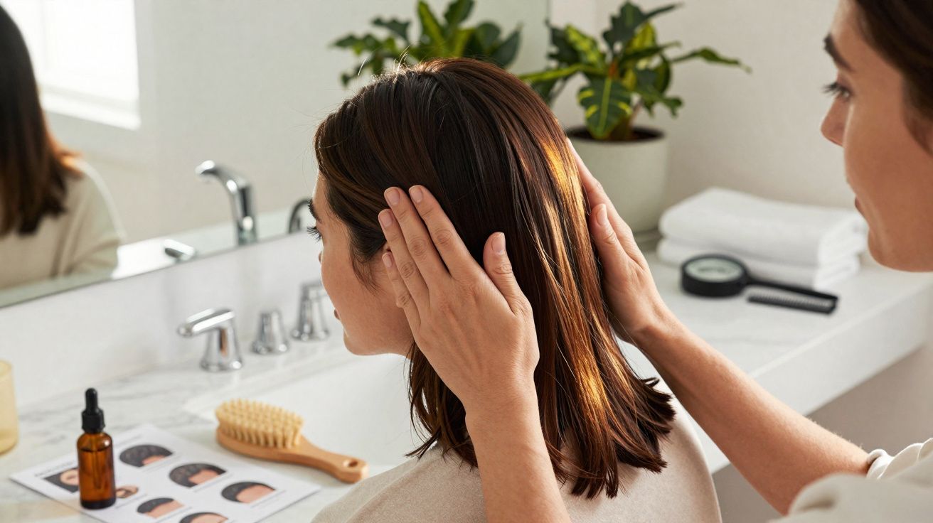 Pessoa a examinar o cabelo de mulher num salão de beleza, com espelho e produtos no balcão.