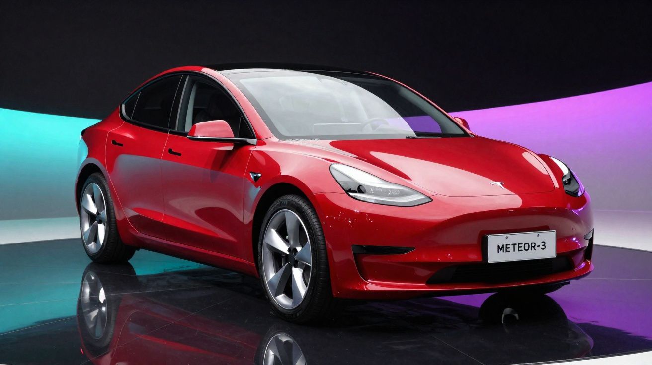 Carro elétrico desportivo vermelho Tesla Model 3 Meteor-3 em exposição com fundo iluminado colorido.