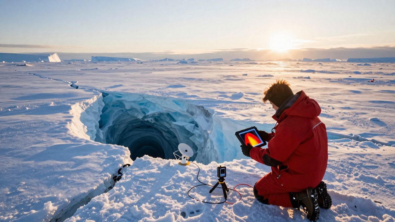 Investigador com fato vermelho usa equipamento para estudar fenda profunda no gelo numa paisagem gelada ao pôr do sol.