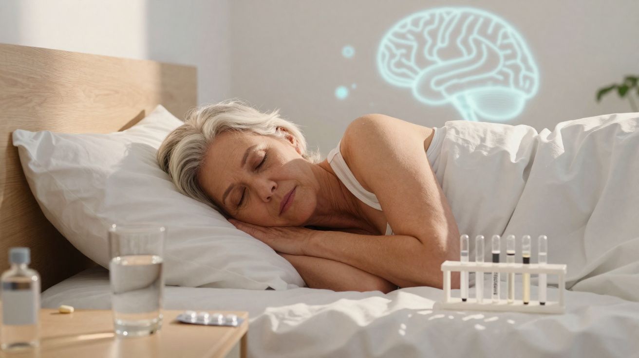 Mulher idosa a dormir na cama com frascos de medicamento e projeção digital de cérebro brilhante atrás dela.